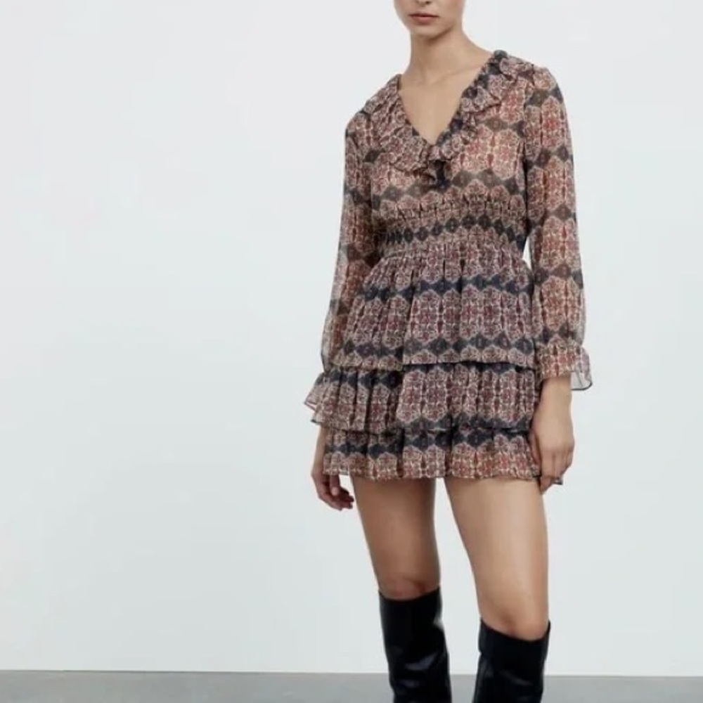 Zara V Neck Ruffle Trim Mini Dress Rust Geo Paisley Boho Cottagecore Sz S